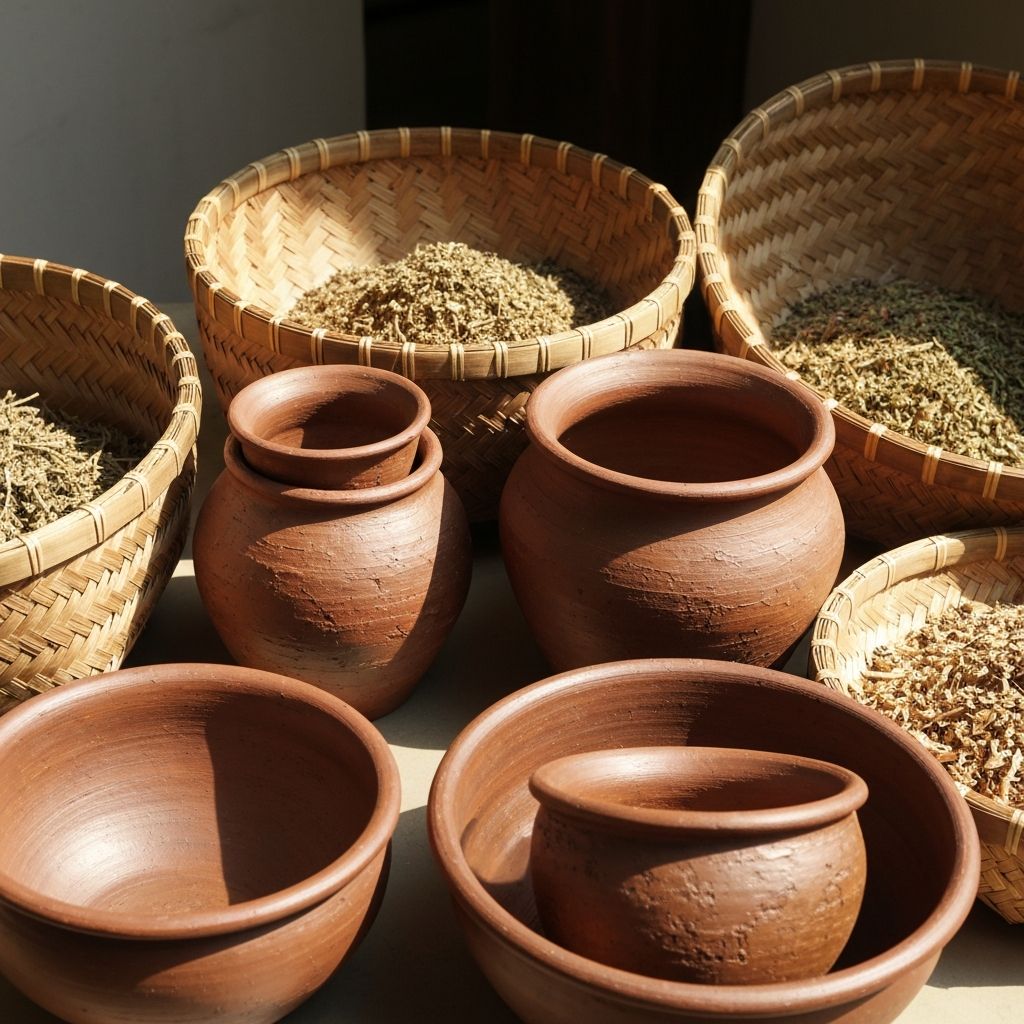 Traditional clay pots with herbs